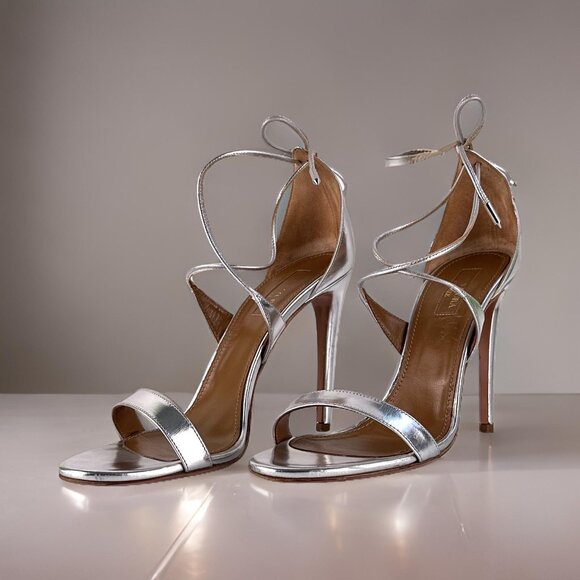 AQUAZZURA Linda 105 Silver Leather Ankle Tie High-Heel Sandals - Size 38.5 - Picture 1 of 12